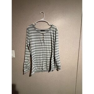 Spadehill Womens 2XL Grey White Striped Ribbed‎ Knit Henley Long Sleeve Top